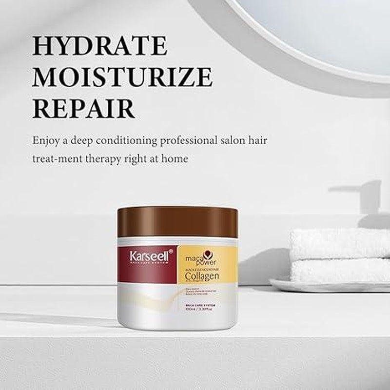 Karseell Small Sample (3.38Floz 100Ml) Collagen Hair Treatment Deep Repair Conditioning Argan Oil Collagen Hair Mask Essence for Dry Damaged Hair All Hair Types 3.38Floz 100Ml
