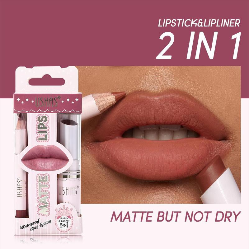 Matte Lipstick & Lip Liner Set, 2Pcs/Set Long Lasting Easy Coloring Lip Stick & Lip Liner, Moisturizing Matte Lipsticks, for All Occasions Lip Makeup