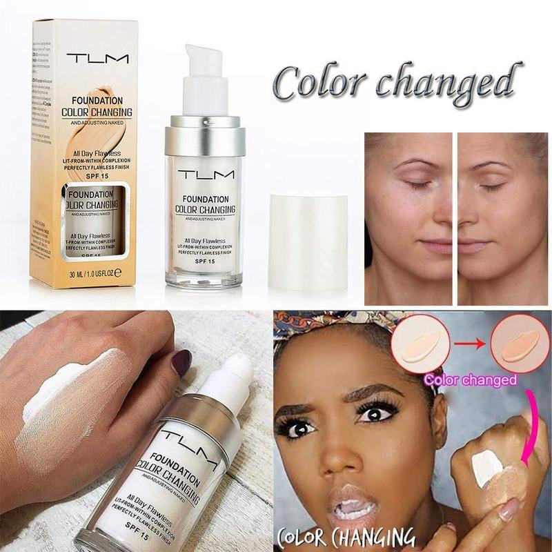 2Pcs TLM Color Changing Foundation Liquid with 2 Brushes and 2 Cosmetics Sponge Flawless Full Coverage Natural Color Face Primer Base Makeup 30Ml Concealer Pack