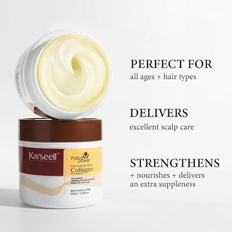 Karseell Small Sample (3.38Floz 100Ml) Collagen Hair Treatment Deep Repair Conditioning Argan Oil Collagen Hair Mask Essence for Dry Damaged Hair All Hair Types 3.38Floz 100Ml