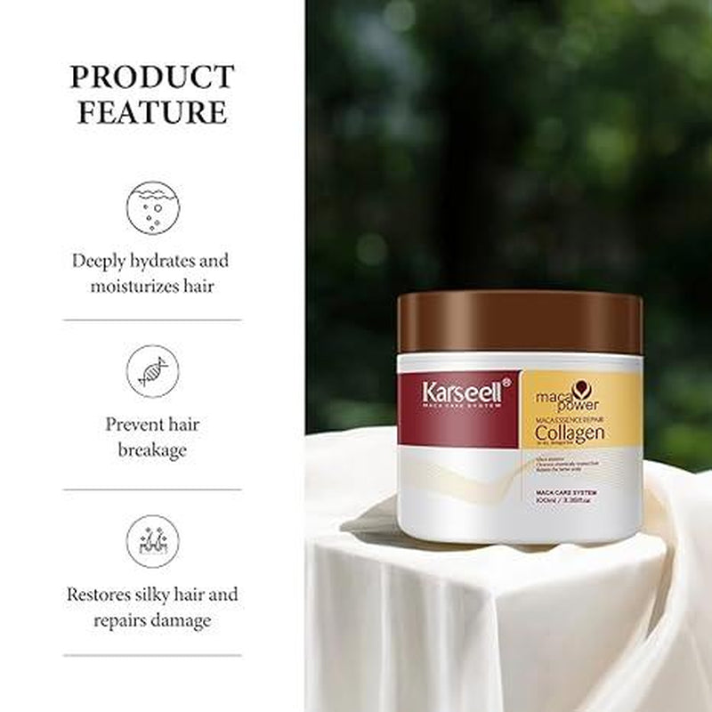 Karseell Small Sample (3.38Floz 100Ml) Collagen Hair Treatment Deep Repair Conditioning Argan Oil Collagen Hair Mask Essence for Dry Damaged Hair All Hair Types 3.38Floz 100Ml