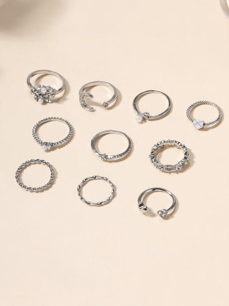 10Pcs Rhinestone & Star & Moon Decor Ring, Elegant Rhinestone Decorated Star & Moon & Heart Design Ring, Fashion Accessories for Women & Girls