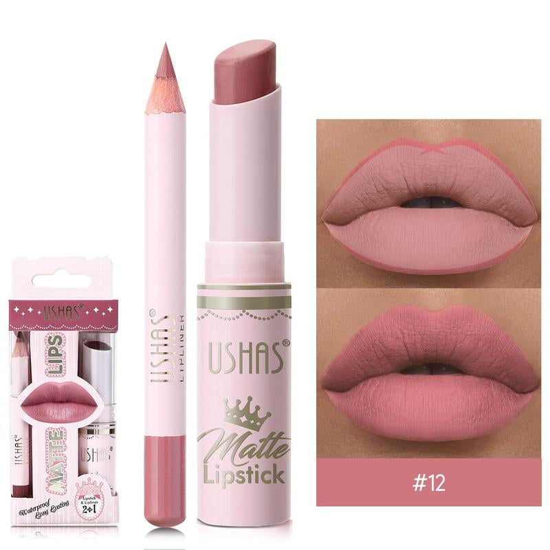 Matte Lipstick & Lip Liner Set, 2Pcs/Set Long Lasting Easy Coloring Lip Stick & Lip Liner, Moisturizing Matte Lipsticks, for All Occasions Lip Makeup