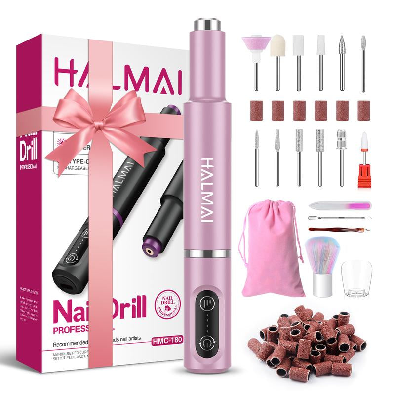 HALMAI Electric Nail Drill Machine Cordless Portable Nail File Kit for Acrylic Gel Nails Rechargeable Professional Acrylic Manicure Pedicure Machine for Home with Max 20000 RPM Pink