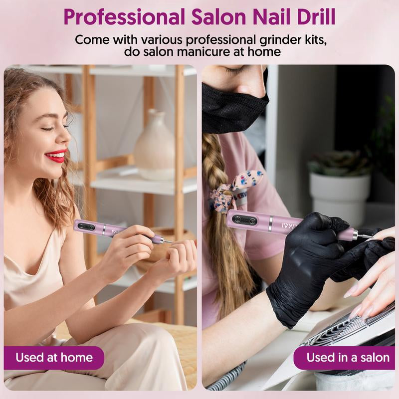 HALMAI Electric Nail Drill Machine Cordless Portable Nail File Kit for Acrylic Gel Nails Rechargeable Professional Acrylic Manicure Pedicure Machine for Home with Max 20000 RPM Pink