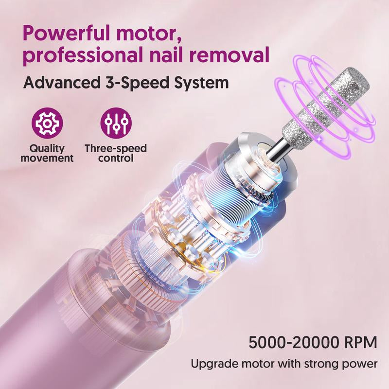 HALMAI Electric Nail Drill Machine Cordless Portable Nail File Kit for Acrylic Gel Nails Rechargeable Professional Acrylic Manicure Pedicure Machine for Home with Max 20000 RPM Pink