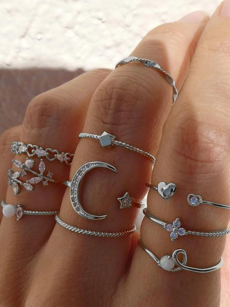 10Pcs Rhinestone & Star & Moon Decor Ring, Elegant Rhinestone Decorated Star & Moon & Heart Design Ring, Fashion Accessories for Women & Girls