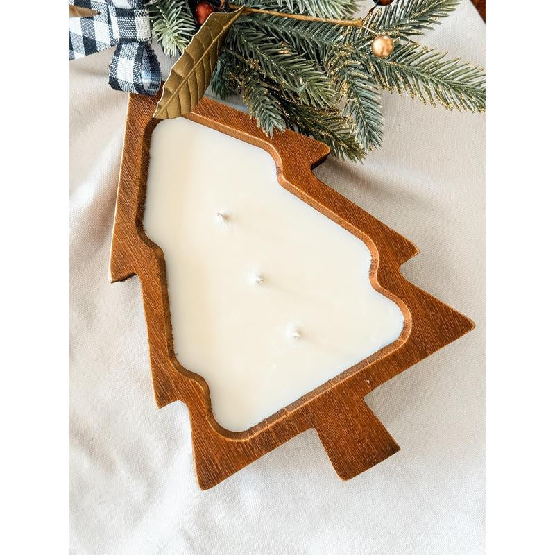 Hand-Poured 12 Oz Christmas Tree Candle in Wooden Dough Bowl - Seasonal Fragrances - 3 Wick - Aroma Decoration - Light, Centerpiece, Gift Premium Candle
