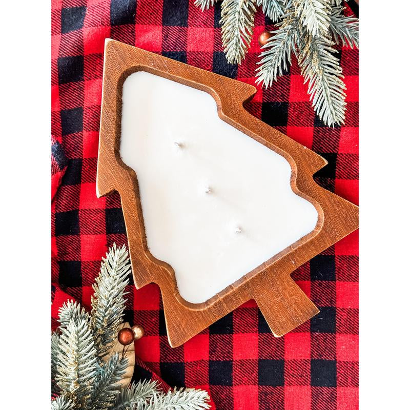 Hand-Poured 12 Oz Christmas Tree Candle in Wooden Dough Bowl - Seasonal Fragrances - 3 Wick - Aroma Decoration - Light, Centerpiece, Gift Premium Candle