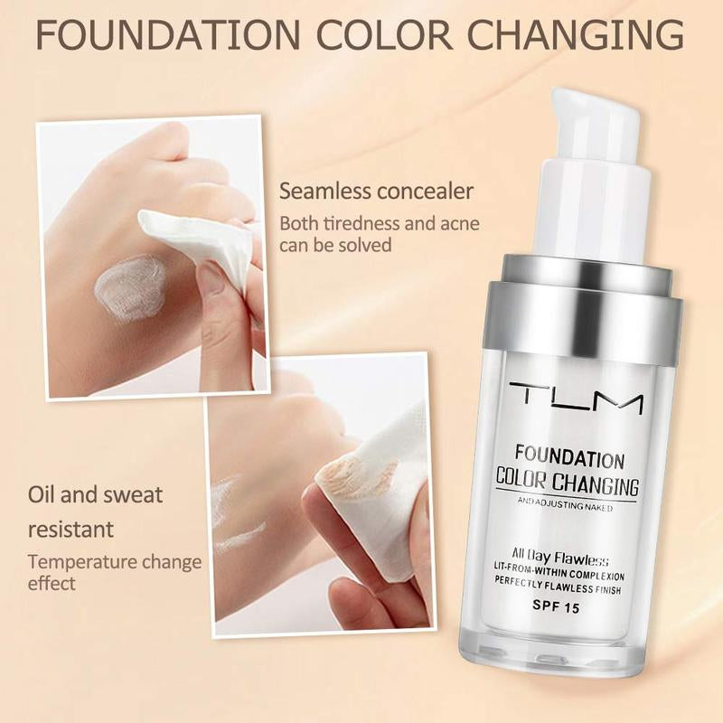 2Pcs TLM Color Changing Foundation Liquid with 2 Brushes and 2 Cosmetics Sponge Flawless Full Coverage Natural Color Face Primer Base Makeup 30Ml Concealer Pack