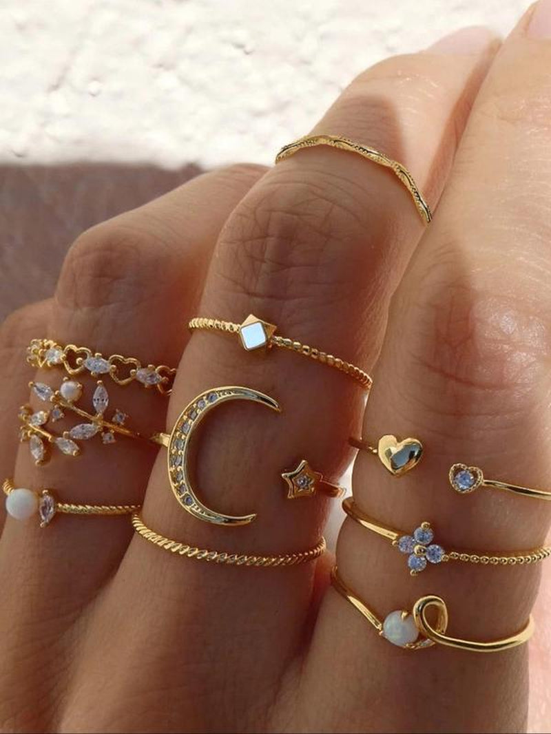 10Pcs Rhinestone & Star & Moon Decor Ring, Elegant Rhinestone Decorated Star & Moon & Heart Design Ring, Fashion Accessories for Women & Girls