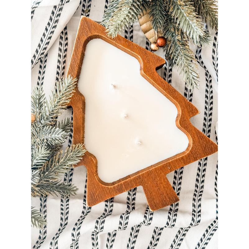 Hand-Poured 12 Oz Christmas Tree Candle in Wooden Dough Bowl - Seasonal Fragrances - 3 Wick - Aroma Decoration - Light, Centerpiece, Gift Premium Candle