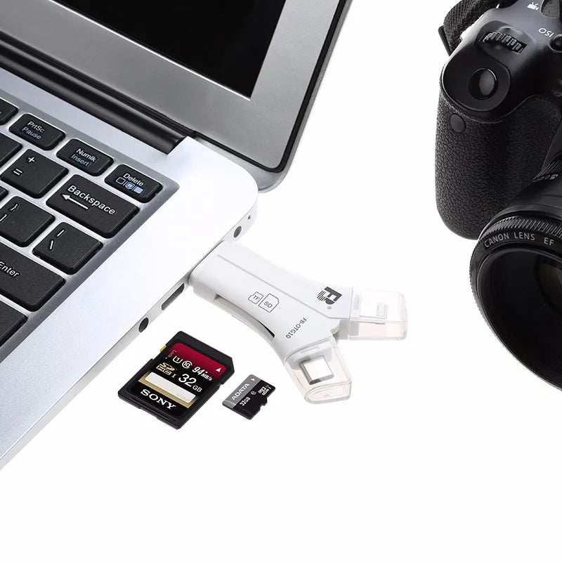 OTG10 Multi Function Card Reader 4 in 1 (Lightning Micro USB Type-C USB-A) for TF and SD Card Reader Y Style with APP