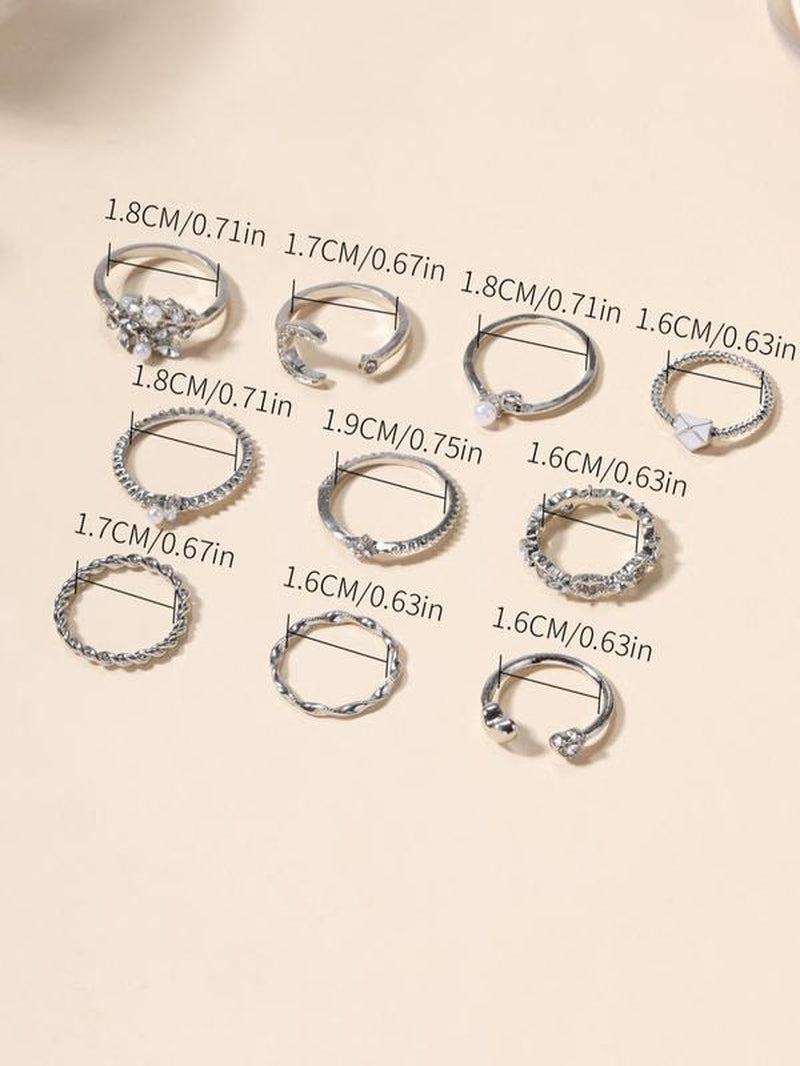 10Pcs Rhinestone & Star & Moon Decor Ring, Elegant Rhinestone Decorated Star & Moon & Heart Design Ring, Fashion Accessories for Women & Girls