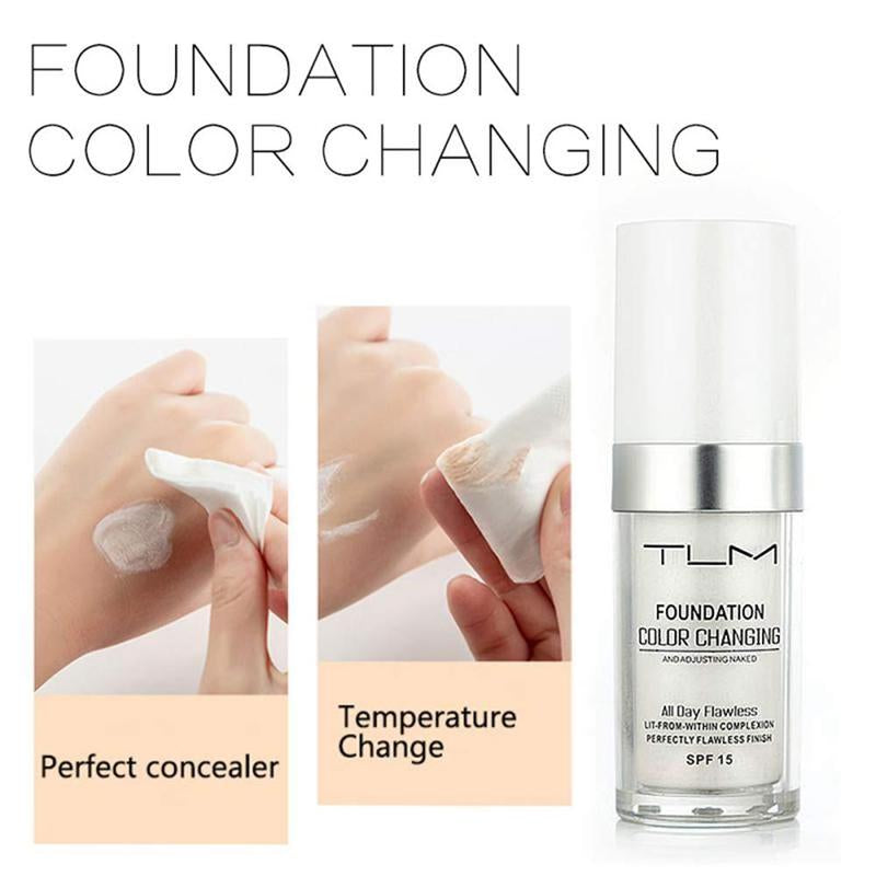 2Pcs TLM Color Changing Foundation Liquid with 2 Brushes and 2 Cosmetics Sponge Flawless Full Coverage Natural Color Face Primer Base Makeup 30Ml Concealer Pack