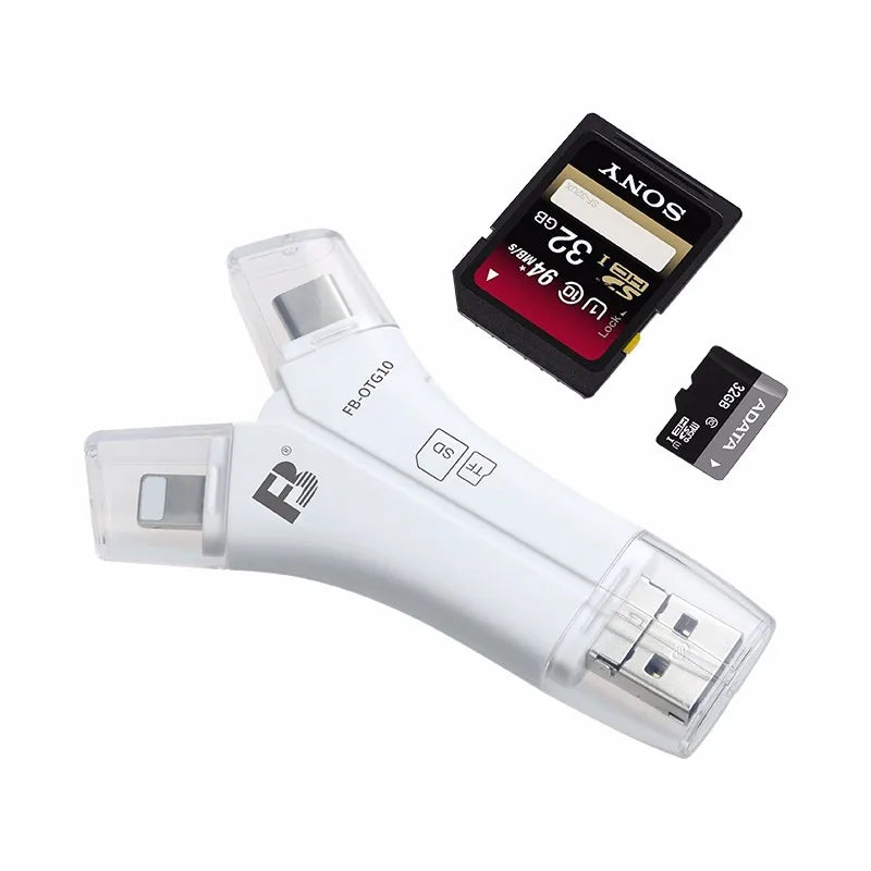 OTG10 Multi Function Card Reader 4 in 1 (Lightning Micro USB Type-C USB-A) for TF and SD Card Reader Y Style with APP