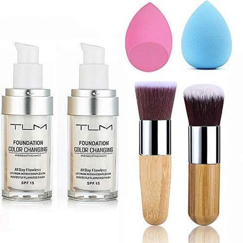 2Pcs TLM Color Changing Foundation Liquid with 2 Brushes and 2 Cosmetics Sponge Flawless Full Coverage Natural Color Face Primer Base Makeup 30Ml Concealer Pack