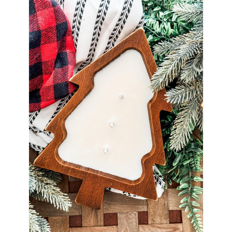 Hand-Poured 12 Oz Christmas Tree Candle in Wooden Dough Bowl - Seasonal Fragrances - 3 Wick - Aroma Decoration - Light, Centerpiece, Gift Premium Candle