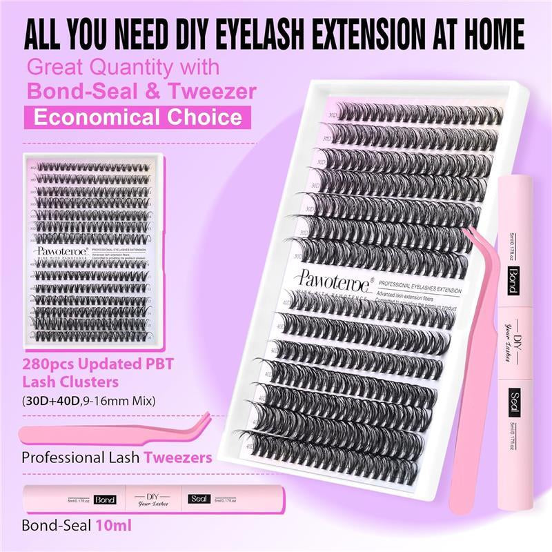 DIY Pawotence Lash Extension Kit - 280Pcs Clusters, 9-16Mm 30D 40D Individual Lashes with Bond and Seal, Tweezers for Self Use - Salon, Makeup Waterproof Aloe