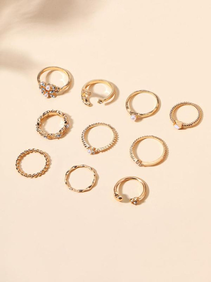 10Pcs Rhinestone & Star & Moon Decor Ring, Elegant Rhinestone Decorated Star & Moon & Heart Design Ring, Fashion Accessories for Women & Girls