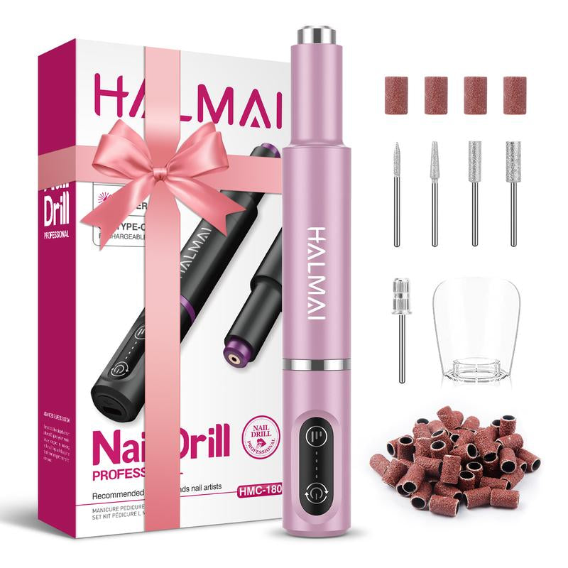 HALMAI Electric Nail Drill Machine Cordless Portable Nail File Kit for Acrylic Gel Nails Rechargeable Professional Acrylic Manicure Pedicure Machine for Home with Max 20000 RPM Pink