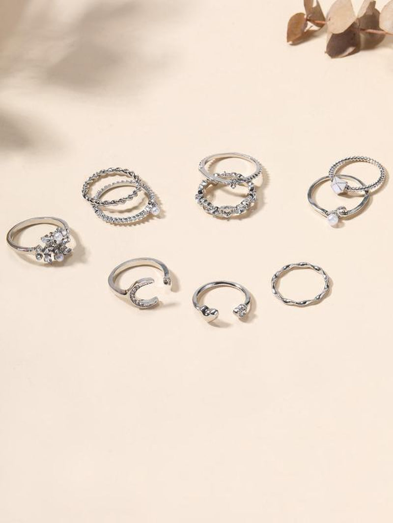 10Pcs Rhinestone & Star & Moon Decor Ring, Elegant Rhinestone Decorated Star & Moon & Heart Design Ring, Fashion Accessories for Women & Girls