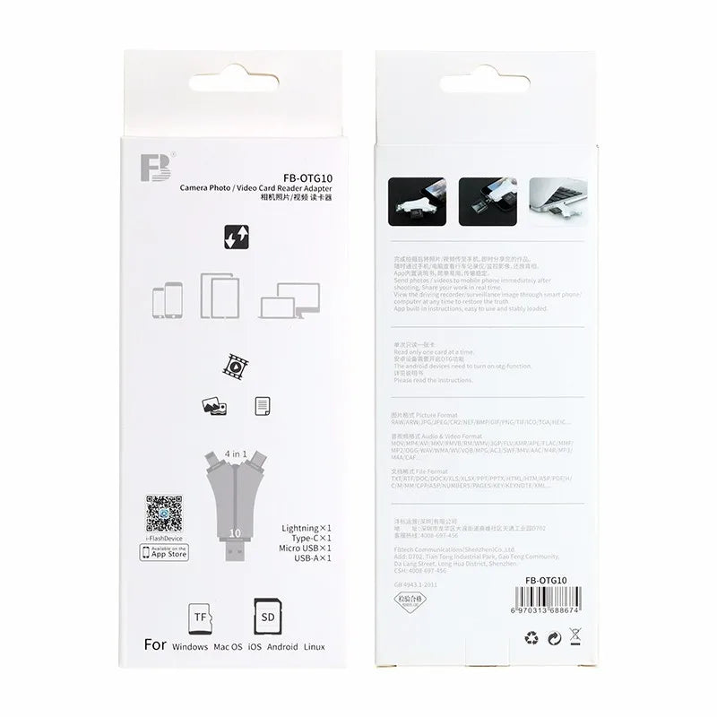 OTG10 Multi Function Card Reader 4 in 1 (Lightning Micro USB Type-C USB-A) for TF and SD Card Reader Y Style with APP