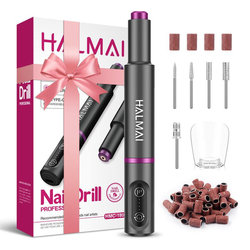 HALMAI Electric Nail Drill Machine Cordless Portable Nail File Kit for Acrylic Gel Nails Rechargeable Professional Acrylic Manicure Pedicure Machine for Home with Max 20000 RPM Pink