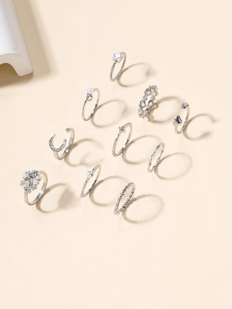 10Pcs Rhinestone & Star & Moon Decor Ring, Elegant Rhinestone Decorated Star & Moon & Heart Design Ring, Fashion Accessories for Women & Girls