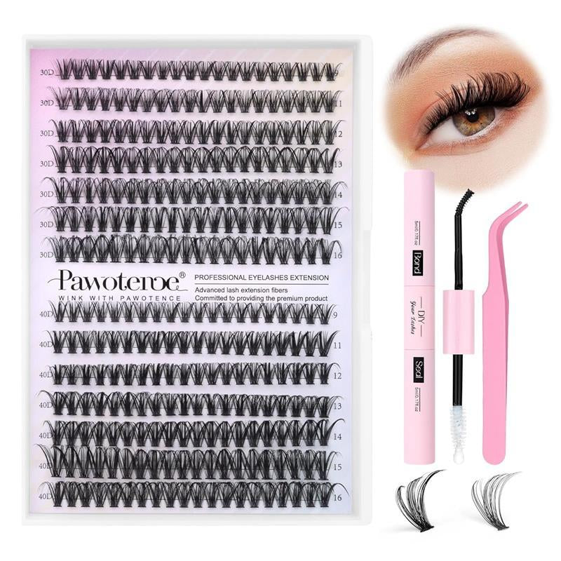 DIY Pawotence Lash Extension Kit - 280Pcs Clusters, 9-16Mm 30D 40D Individual Lashes with Bond and Seal, Tweezers for Self Use - Salon, Makeup Waterproof Aloe
