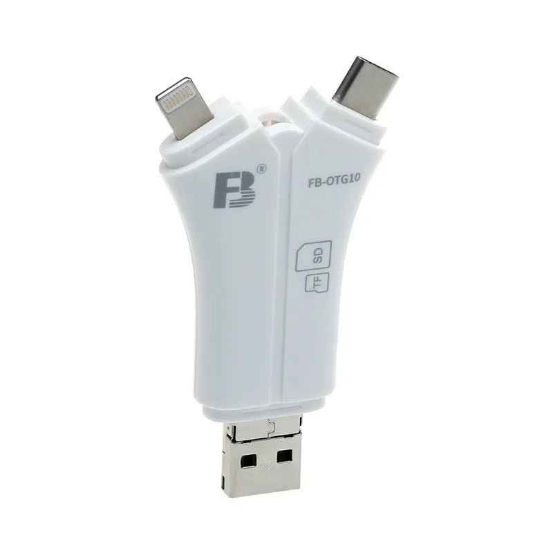 OTG10 Multi Function Card Reader 4 in 1 (Lightning Micro USB Type-C USB-A) for TF and SD Card Reader Y Style with APP
