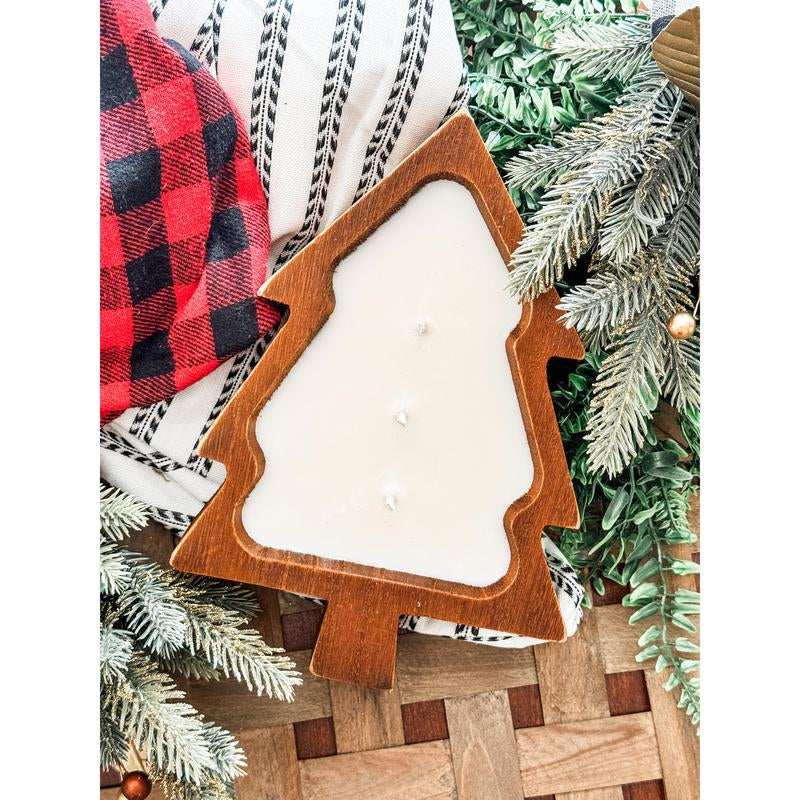 Hand-Poured 12 Oz Christmas Tree Candle in Wooden Dough Bowl - Seasonal Fragrances - 3 Wick - Aroma Decoration - Light, Centerpiece, Gift Premium Candle