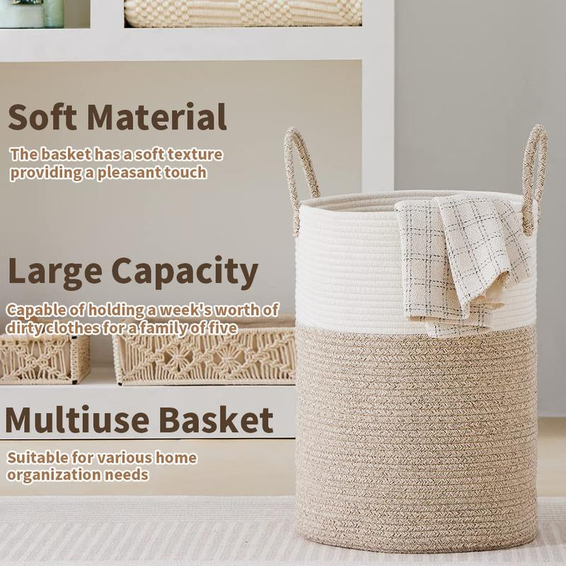 【Blackfriday】Large Laundry Hamper, Tall Woven Rope Storage Basket for Blanket , Toys, Dirty Clothes in Living Room, Bathroom, Bedroom,58L Cotton Organiser