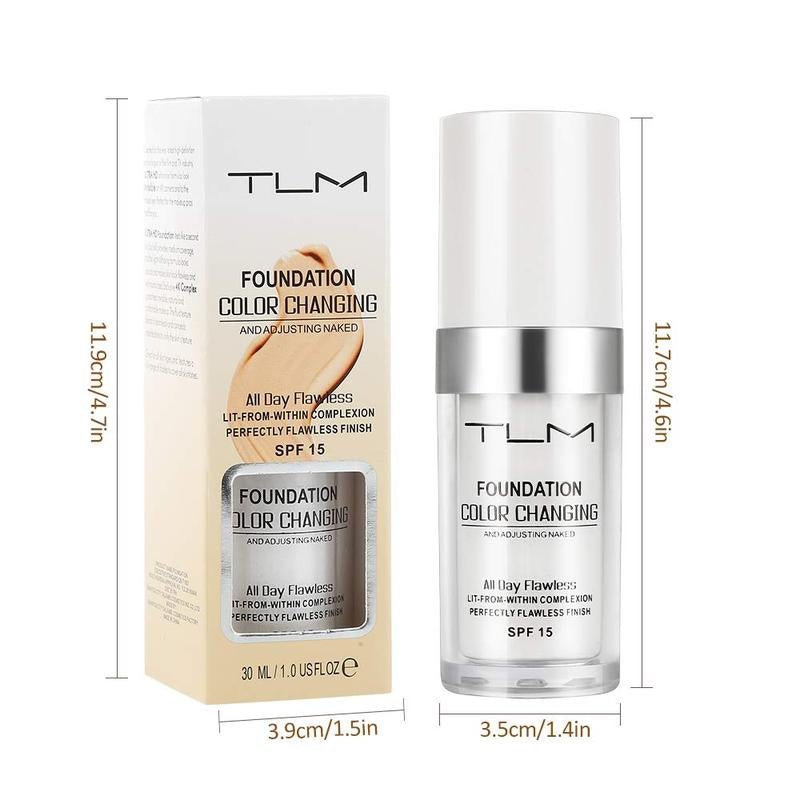 2Pcs TLM Color Changing Foundation Liquid with 2 Brushes and 2 Cosmetics Sponge Flawless Full Coverage Natural Color Face Primer Base Makeup 30Ml Concealer Pack