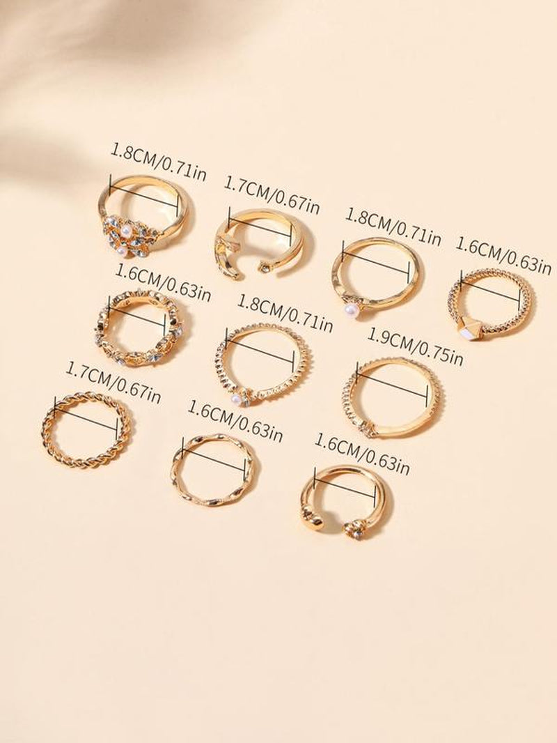 10Pcs Rhinestone & Star & Moon Decor Ring, Elegant Rhinestone Decorated Star & Moon & Heart Design Ring, Fashion Accessories for Women & Girls
